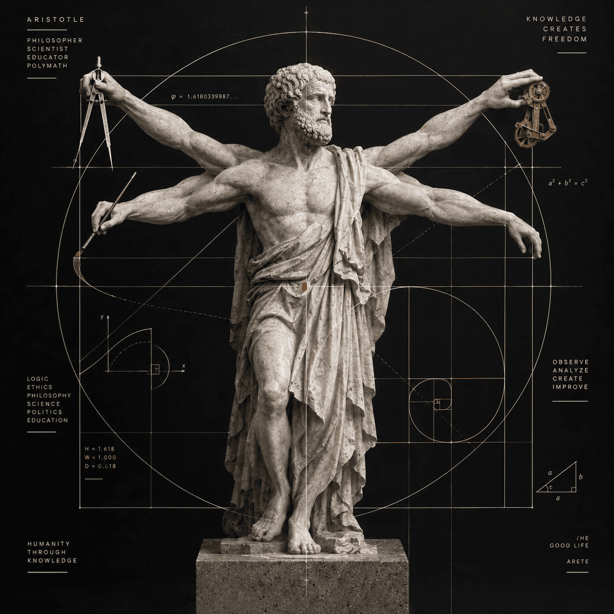 Classical statue overlaid with geometric measurement drawings