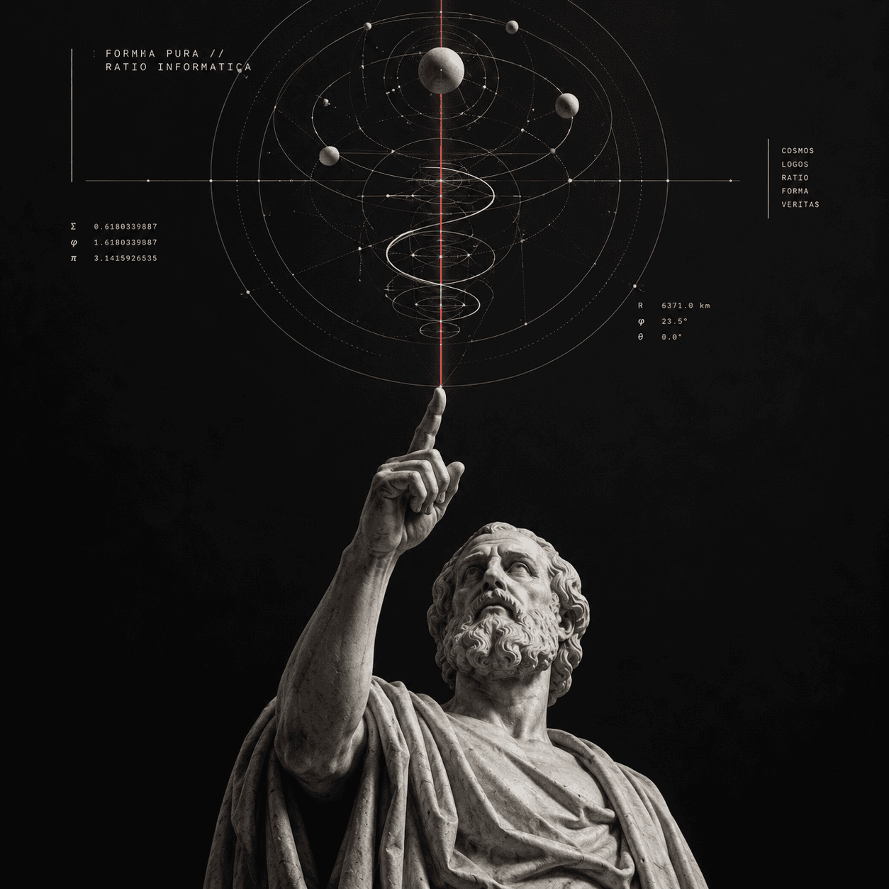 Statue pointing skyward beneath a geometric star chart