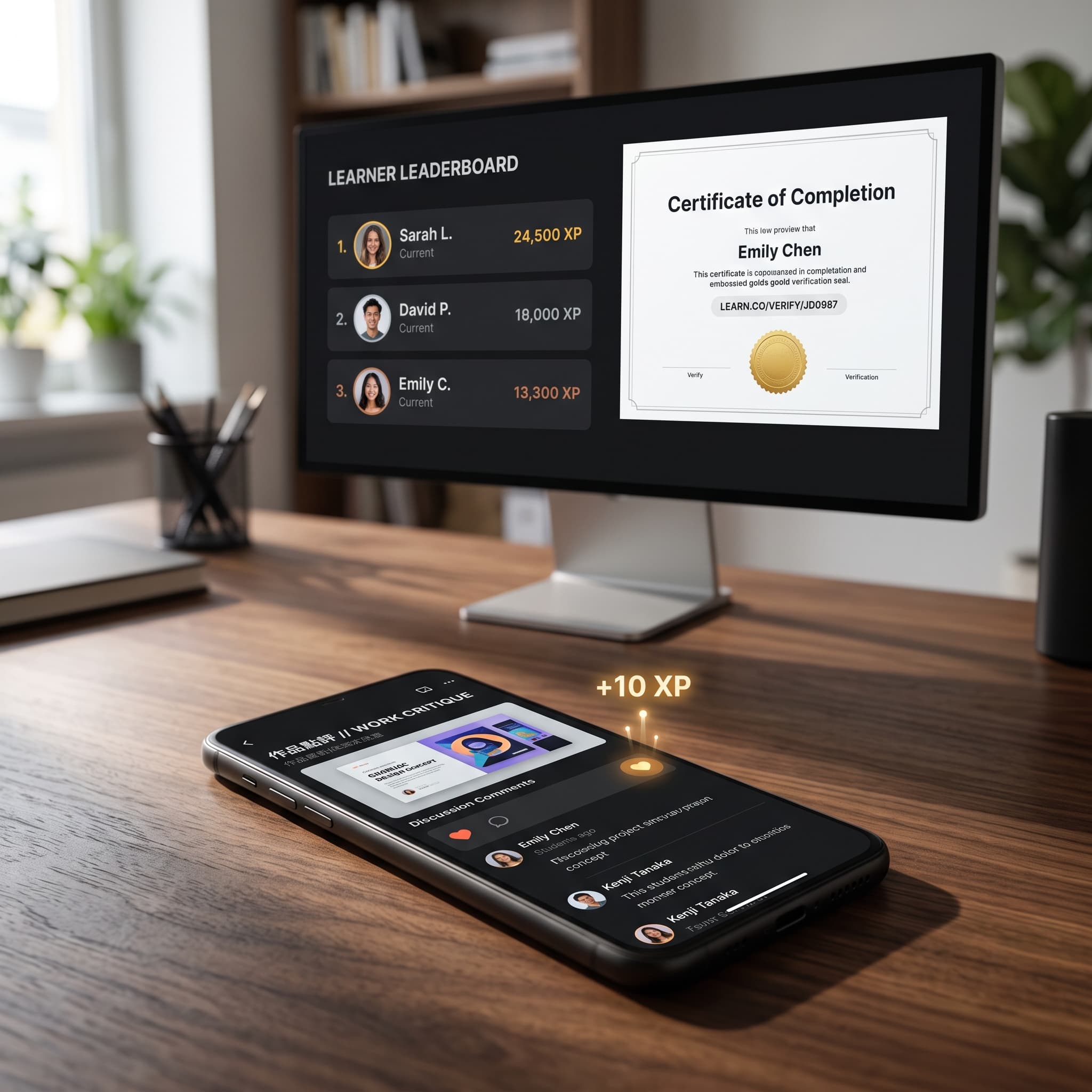 Student leaderboard and completion-certificate screen