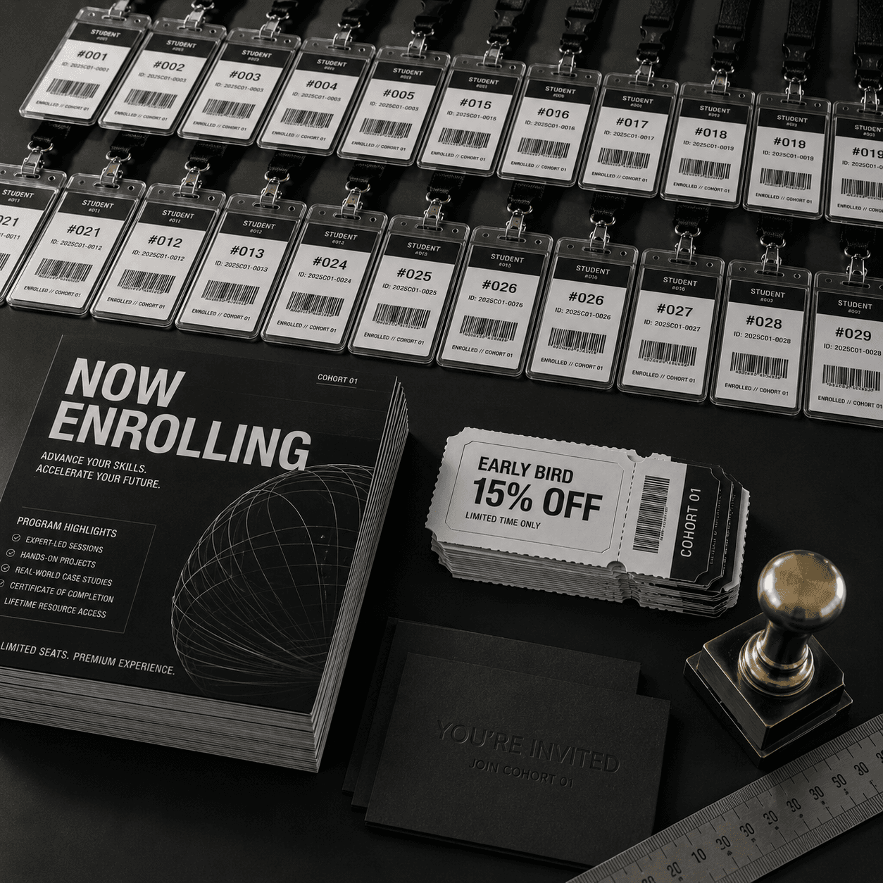 Grid of student ID cards with enrolment marketing props